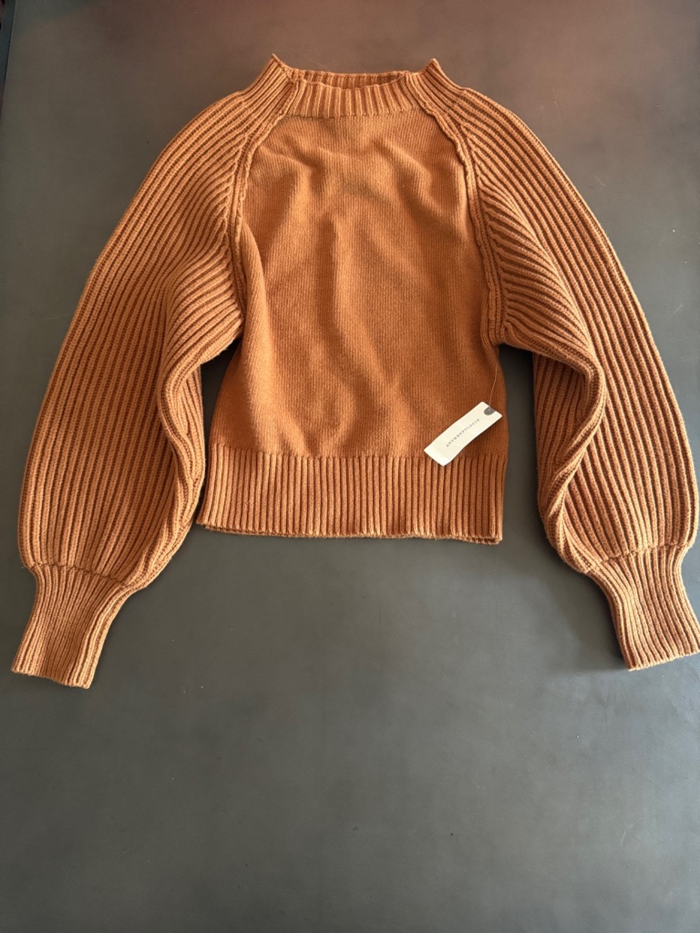 Maeve Cropped Balloon-Sleeve Knit Sweater in Camel Brown